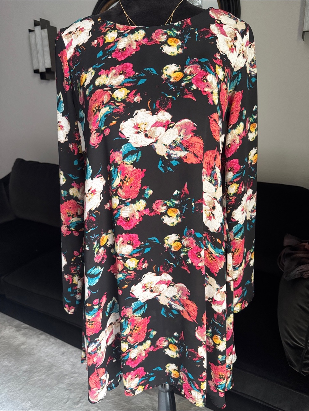 Leith Black Floral Mini Dress with Pink and Cream Blooms
